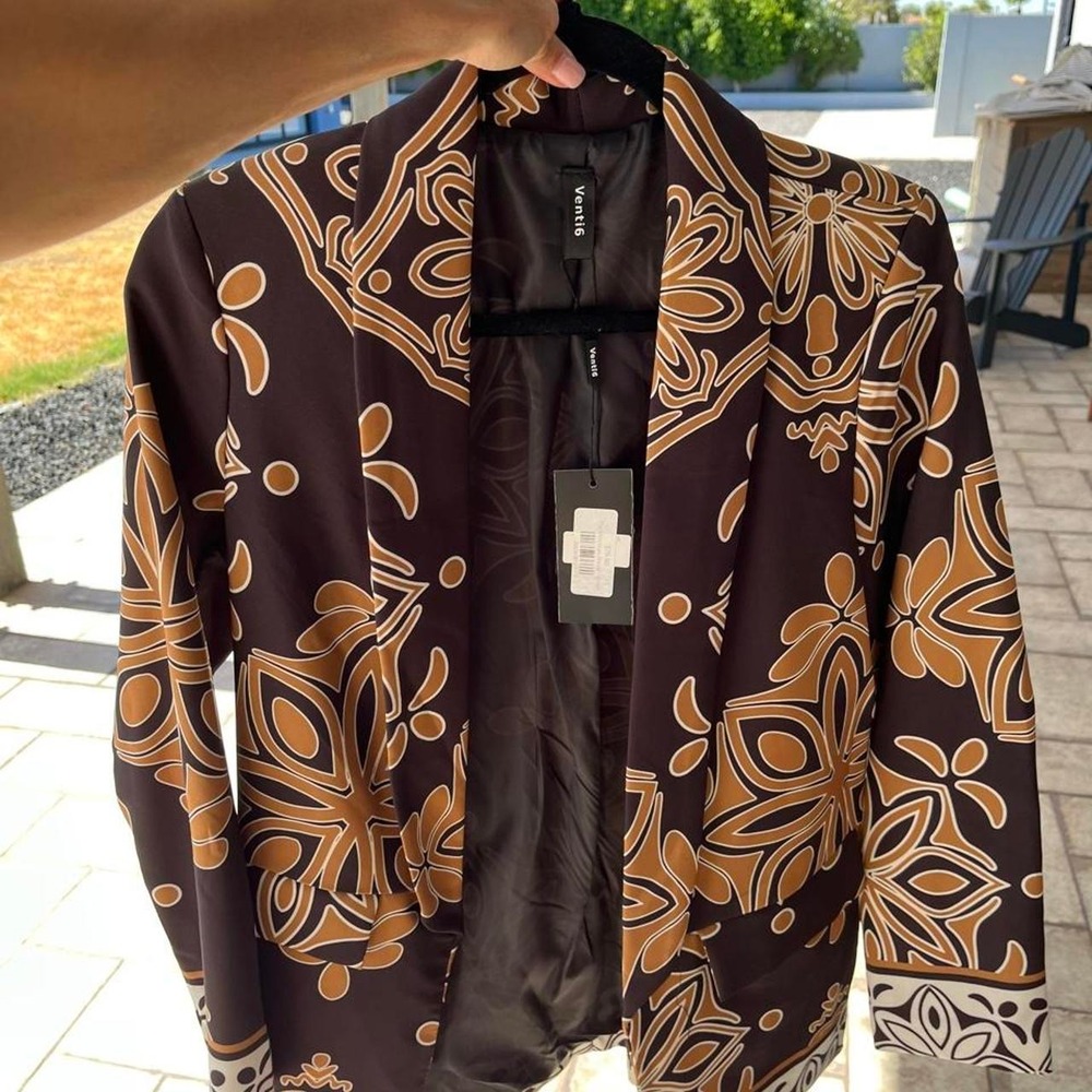 Venti6 Statement Blazer Brown Medallion Floral Boho Open Front